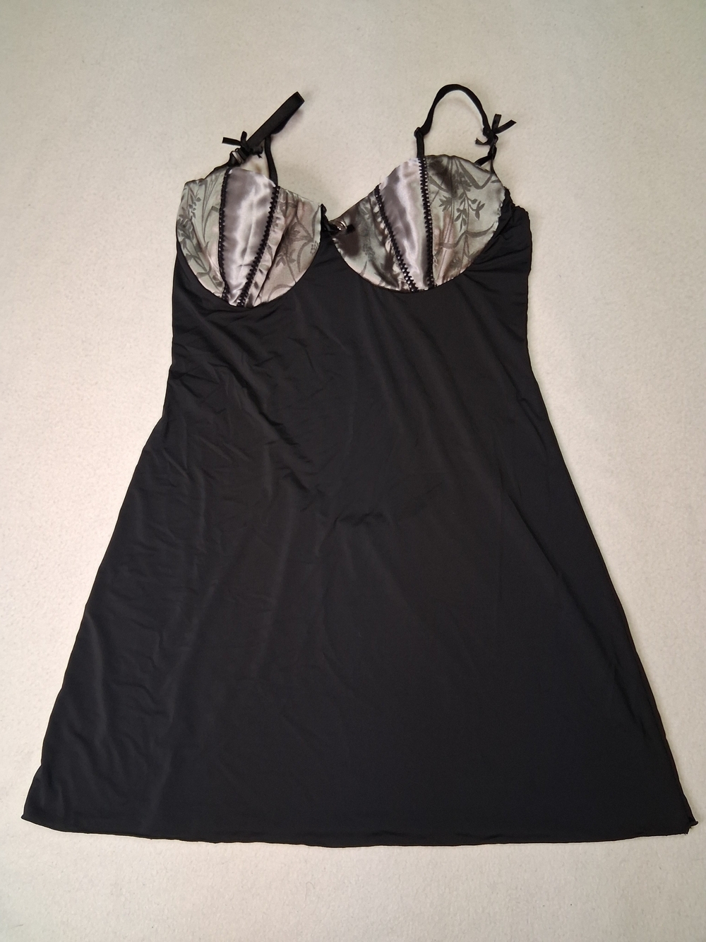 4/20$ Coquette Black Satin-Panel Slip Dress with Silver Floral Cups